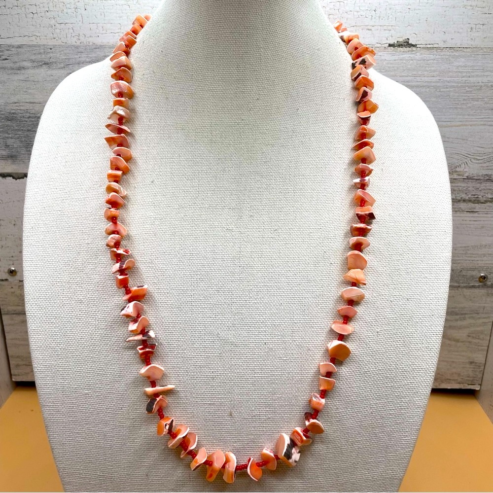 Beautiful Unsigned Salmon Color Shell Nugget Seed Bead Necklace Handcrafted